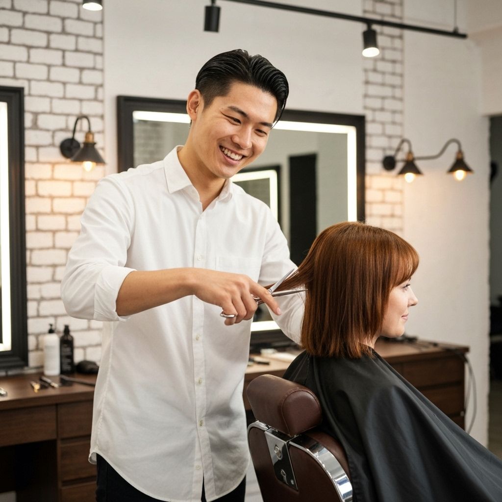 Cabeleireiro sorrindo atendendo cliente